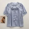 Kimutomo solid tröja tjej sommar koreanska båge spets upp peter pan krage kortärmad singel breasted blouse mode 210521