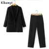 Klkxmyt 2 pieces sets women england office wear lady casual blazer jackets single button suits pants trousers 210527