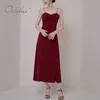 Été femmes bordeaux longue brillante sans manches dos nu Spaghetti sangle fermeture éclair élégant Sexy fête Maxi robe 210415