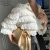 Ruffles Tops Down Yaka Korece Moda Kadınlar Bluz Kek Bahar Gevşek Beyaz Uzun Kollu Gömlek Blusas 13336 210417