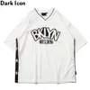 Side Patchwork Letters Broderi Mesh Material Mäns T-shirt V-Neck Streetwear Tshirts för Man 210603