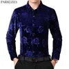 Mens Red Floral Velvet Dress Shirts Stylish Slim Fit Long Sleeve Chemise Homme Casual Social Wedding Party Chemise 4XL 210522