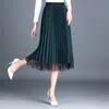 Kvinnor Vintage Long Lace Tulle Kjolar Höst Hollow Out Svart Vårpläterad Kjol Plus Storlek Elastisk Midja Midi Skirts 210421