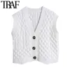 TRAF Femmes Fashion avec boutons Coup de câble Cadre-tricot Pull Vintage V tanné Vilde Femelle Gaistte Chic Tops 210415