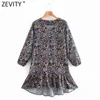 Women Vintage V Neck Tropical Sea Printing Hem Pleated Ruffles Mini Dress Female Casual Irregular Vestido DS4808 210416