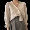 Korea Chic Ankomst Höst och vinter Retro Två-knapp Hemp Pattern Cardigan Sweater GX1312 210507