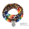 Fili di perline 7 Chakra Bracciale Uomo 108 Perline Mala Buddha Buddismo Guarigione Occhio di tigre 6mm Pietra naturale Con ciondolo albero della vita Trum22