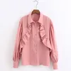 Vrouwen ruches shirt lente mode lange mouw zachte poplin roze tops moderne dame losse blouse 210602