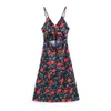 Boho Vintage Floral Print Midi Strapドレス女性ファッションカジュアルミッドカーフホリデービーチバックレスドレスvestidos Mujer 210508