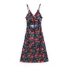 Boho Vintage Floral Print Midi Strap Kleid Frauen Mode Casual Mid-Kalb Urlaub Strand Backless Kleider Vestidos Mujer 210508