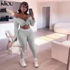 KLIOU RIBBED TRICTED 2 PIÈCES TORITES FEMMES AUTOMNE SOLID SLASH COUCH VETTE TOPSELASTIQUE LEGGINGS MATCHING STREETWEAR 210331