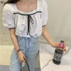 Square Collar Shirts Flower Print Short Puff Sleeve Vintage Tops Sweet Chic Loose All Match Lace-up Blusas Streetwear 210519