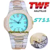 TWF 5711 PP324 A324 Relógio masculino automático Pavimentado Versão com diamantes Mostrador verde Vara totalmente congelada Diamante Aço inoxidável Dois tons Pulseira eternidade Jóias Relógios