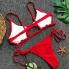 Delikli Kırmızı Seksi Bikini Set Kadın Dize Mayo Push Up Mayo Bağlı Tanga Brezilyalı Bikini Mayo Yüzmek Giyim 210407