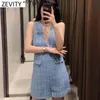 Женщины мода V шеи без рукавов Tweed шерстяные Playsuits Office Lady Back молнии тонкий сиамский шикарный шорты Rompers P1010 210416