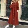 Muzułmańska sukienka kobieta hidżab koszulka sukienka z długim rękawem maxi vestidos żeński przycisk szaty femme musulman wysokiej solidna sundress 210712