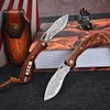 Flipper Folding Knife VG10 Damascus Steel Blade Rosewood + Stainless Steels Handle EDC Pocket Knives With Leather Sheath