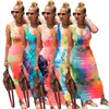 Vrouwen Tie Dye Print Sexy Lange Jurk Backless Bandage Maxi Jurken Mouwloze Vintge Vestidos Beach Party Club Outfis Sundress A155