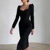 Women's Solid Color Sexy Split Party Dresses Long Sleeve V-neck High Waist Bodycon Knee-length Dress Lady Night Club Wear Casual