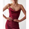 2021 Sommar Kvinnor Satin Slip Klänning Sexig Spaghetti Strap Burgundy Svart Ärmlös Vintage Silk Party Dresses