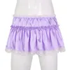 Men Micro Mini Skirt Smooth Satin Elastic High Waist Lace Hem Short Frilly Ruffled A-line Sissy Panties Sexy Fancy Dress Men's Swimwear