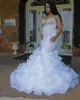 White Sexy Mermaid Wedding Dress African Black Girls Organza Bridal Dresses for Bride Sweetheart Luxury Crystals Beads With Feathers