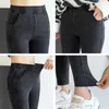 Women Denim Fleece Pencil Pants Sand Washed Stretch Jeans Leggings Korean Pocket Red Line Magic Black Gray Jeggings 210607