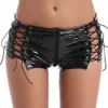 Womens Wetlook Sexy Mini Shorts Leather Low Rise Hollow Out Lace-up Zipper Crotch Booty Shorts para Night Cocktail Party Clubwear 210611