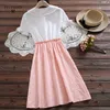 اليابانية نمط preppy الصيف vestido دي فيرانو بلون مغاير القوس 3colour الحلو اللباس لطيف مصغرة رداء فام قصيرة الأكمام 210520