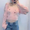 Mulheres elegantes Floral Bordado Bordado Moda Senhoras Escavar Tops Tops Tops Streetwear Feminino Chique Rosa Cardigans 210427