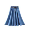 Taille haute Midi Jean Jupe Femmes Élégant Midi Denim Jupe plissée avec ceinture Style coréen Bureau d'été Dames Streetwear 210421