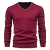 Män Hösttröja V-Neck Pullovers Fashion 100% Bomull Solid Färg Långärmad Slim Sweaters Navy Knitwear 210909