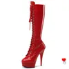 Platformy 15 cm High Heel Polak Buty Dance Mid Bootie Sexy Buty Koleńskie Czarna Żółta Królowa Combat Stripat Buty 6 cali H1009