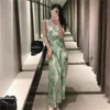 Summer Woman Dress Green Floral Print Długie Kobiety Eleganckie V Neck Bez Rękawów Midi Strap Sexy Party ES 210519