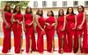 2021 Дешевые арабские красные русалки невесты платья подружки одного плеча сплит длиной длиной длиной свадьба гостевая платье формальная горничная почва