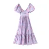 Brillante como seda lavanda estampado floral vestido de bola vestido de soplo manga retro mujeres lazo cintura vestidos largos vestidos de hadas 210331