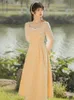 YOSIMI femmes robe printemps a-ligne jaune Plaid Patchwork maille mi-mollet Fit et Flare bouffée à manches longues robes élégantes 210604