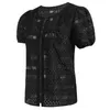 Women's T-Shirt Summer 2022 Womens Tops Semi See-Through Lace Top Blouses Patchwork Sleeveless Solid Shirt Crew Neck Button-Up Short Sleeve