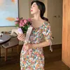 Fransız Vintage Çiçek Dres Yaz Şifon Kare Yaka Midi Parti Femme Rahat Akşam Plaj Korece 210604