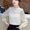 Ruffle Bottoming Blouse Shirts See through Top Women Sexy Chiffon Long Sleeve black 620i 210420