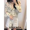 Women Fashion With Bow Tied Floral Print Blouses V Neck Long Sleeve Female Shirts Blusas Chic Tops 210420
