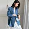 女性のための青いサテンのブレザーのための薄い夏のカジュアルベルトの緩いフィッティング長袖スーツジャケットのBleizer de Mujer 210608
