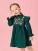 Robe en velours côtelé à manches volantées avec broderie florale pour tout-petits filles SHE01