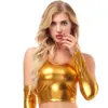 Frauen Pu Metallic Leder Halter Schnürung Hohe Taille Bikini Tank Crop Top BH Tunika Hemd Latex Wetlook Sommer Strand Urlaub X0507