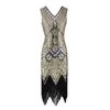 Kvinnor Vintage Flapper Stor Klänning Sommar Ärmlös Party Kostymer V-Neck Sequin Fransed Tassel Evening Midi Klänningar