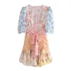 Frankreich Kurze Puffärmel Blumendruck Hit Color Kleid Retro Damen Plissee Rüschen Krawatte Schleife Schärpen Minikleider Urlaub Lässig