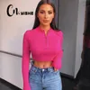 CNYISHE Spring Casual Neon Crop Tops T-shirt Women Solid Sexy Fitness Zipper Tees O-neck Long Sleeve T Shirts Blusas Female 210419