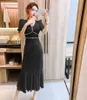 Fashion Runway Summer Party Midi Abito da sera lungo da sera Donna Nero Rosso con scollo a V Pizzo Scava fuori Abiti da lavoro formali Vestido 210520