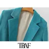 Traf女性ファッションシングルボタンCorduroy Blazersコートビンテージ長袖ポケット女性の上着シックトップス210415