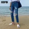 IEFB Summer Holed Jeans Mäns Koreanska Fashion Straight Loose Ankel-Length Pants Fashion Casual Trend Streetwaer Denim Trousers 210524